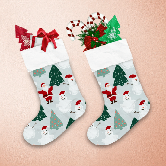 Santa Claus Snowman Snowflakes And Christmas Trees Christmas Stocking 1