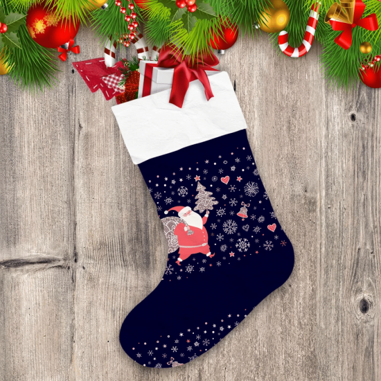 Santa Claus With Lace Sack And Christmas Tree Dark Blue Theme Christmas Stocking