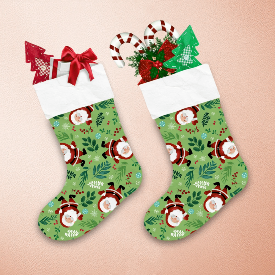 Santa Claus With Snow Flake Holly Berry And Leaves Christmas Themed Christmas Stocking 1 Santa Claus With Snow Flake Holly Berry And Leaves Christmas Themed Christmas Stocking 1