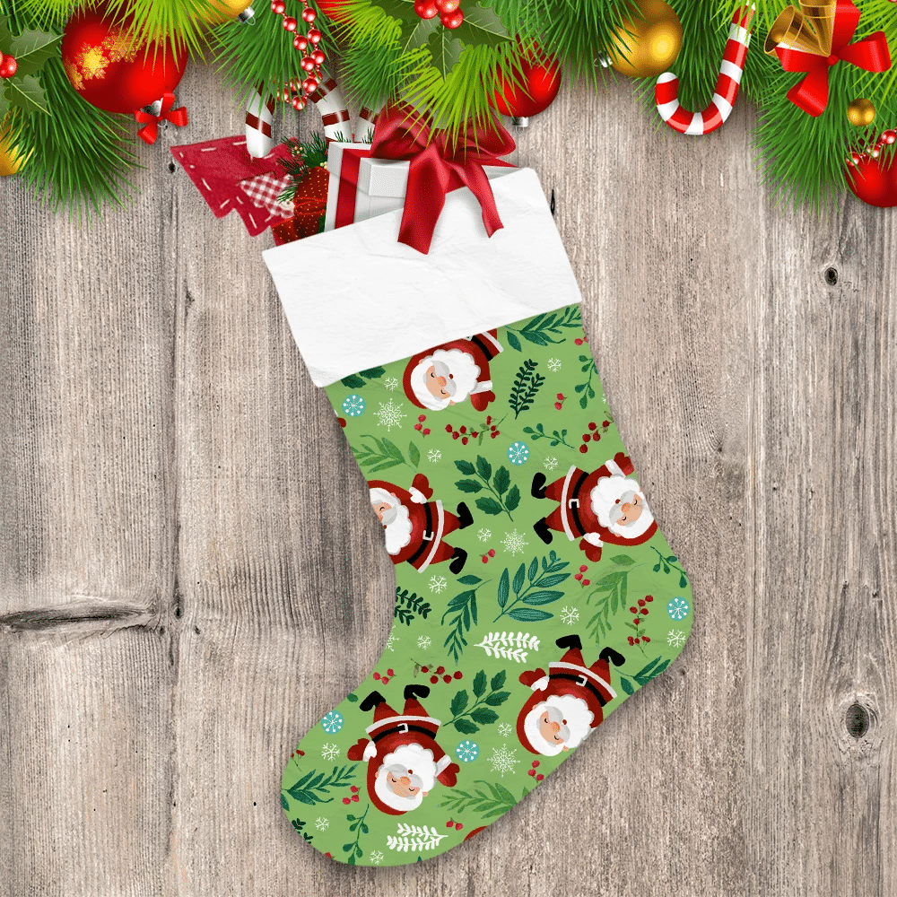 Santa-Claus-With-Snow-Flake-Holly-Berry-And-Leaves-Christmas-Themed-Christmas-Stocking Santa Claus With Snow Flake Holly Berry And Leaves Christmas Themed Christmas Stocking