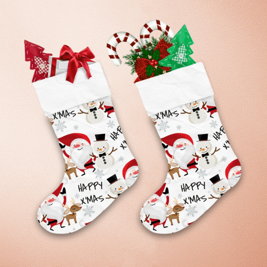 Santa Claus With Snowman Reindeer And Happy Xmas Text Christmas Stocking 1