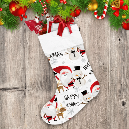 Santa Claus With Snowman Reindeer And Happy Xmas Text Christmas Stocking
