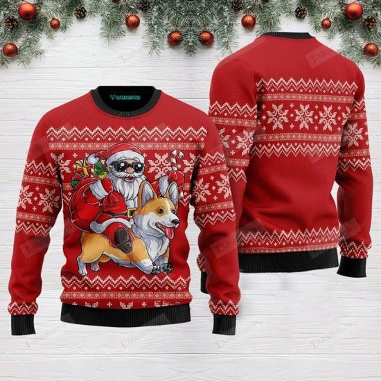 Santa Riding Corgi Ugly Christmas Sweater