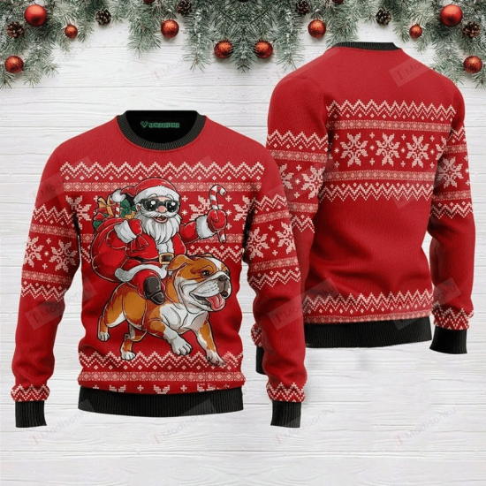 Santa Riding English Bulldog Ugly Christmas Sweater