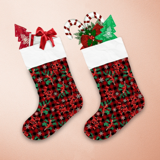 Separate Elements Holly Berries Branches On Red Gingham Background Christmas Stocking 1