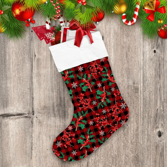 Separate Elements Holly Berries Branches On Red Gingham Background Christmas Stocking