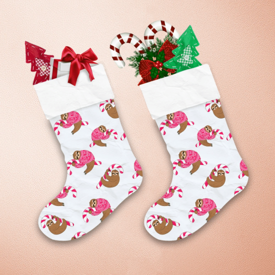 Sloth In A Pink Christmas Sweater With Sweet Candy Christmas Stocking 1