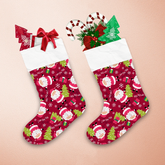 Smiling Santa Claus With Tree And Christmas Gifts Pattern Christmas Stocking 1