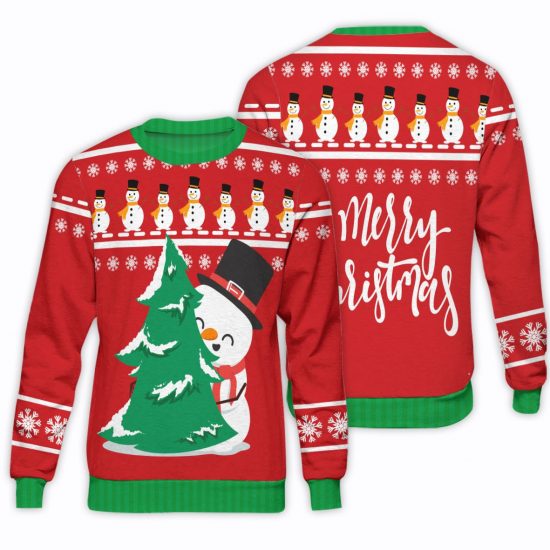 Snowman And Christmas Tree Unisex All Over Print Cotton Sweatshirt