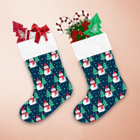 Snowman In Santa Hat And Scarf With Christmas Tree Christmas Stocking 1