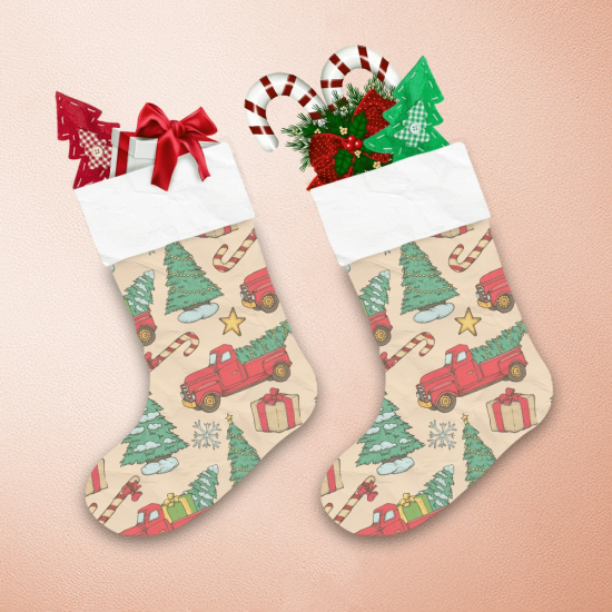 Snowy Christmas Trees And Red Cars In Retro Style Christmas Stocking 1