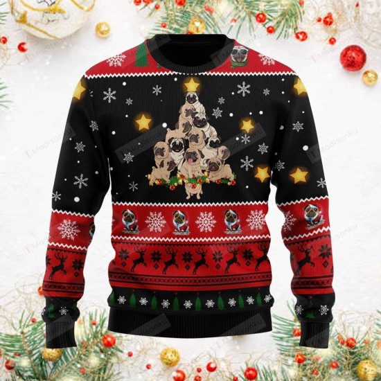 So Cute Pug Tree Black Red Ugly Christmas Sweater