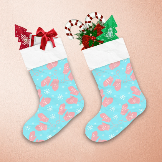 Sparkling Snowflakes With Pink Mittens Pair On Blue Background Christmas Stocking 1
