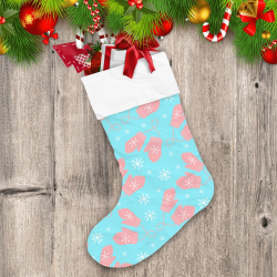 Sparkling Snowflakes With Pink Mittens Pair On Blue Background Christmas Stocking