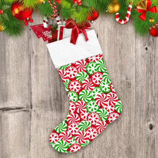 Sweet Circle Candy With Snowflakes Pattern In Red White And Green Christmas Stocking
