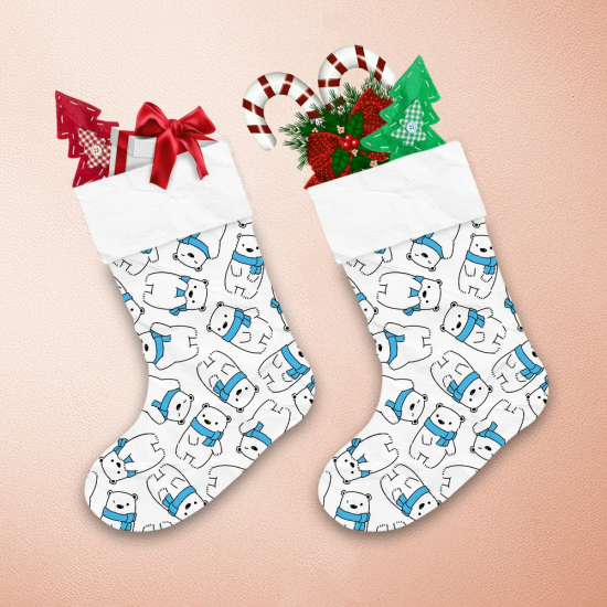 Teddy Bear In A Blue Scarf On White Christmas Stocking 1