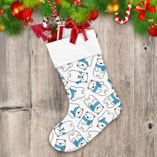 Teddy Bear In A Blue Scarf On White Christmas Stocking