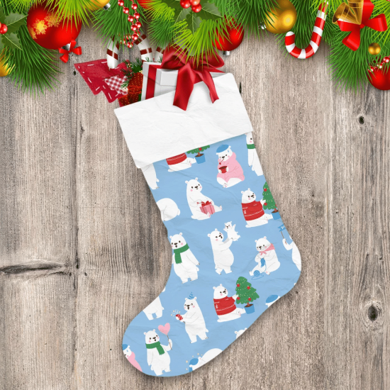 Theme Cartoon Arctic White Bears In Sweater And Scarf Christmas Stocking