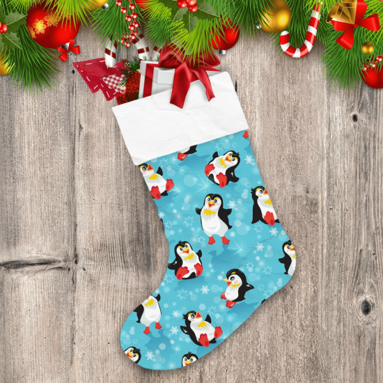 Theme Christmas Funny Penguins And Snowflakes On Blue Icy Christmas Stocking