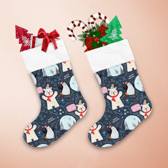 Theme Festival Party Funny Polar Bear And Penguin Characters In Hats Christmas Stocking 1