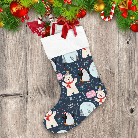 Theme Festival Party Funny Polar Bear And Penguin Characters In Hats Christmas Stocking