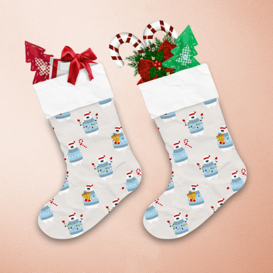 Theme Festival Polar Bears With Garland Gift And Candy Cane Christmas Stocking 1
