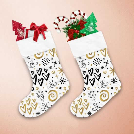 Trendy Doodle Style Gold Gift Heart Snowflake Symbols Pattern Christmas Stocking 1
