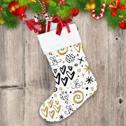 Trendy Doodle Style Gold Gift Heart Snowflake Symbols Pattern Christmas Stocking