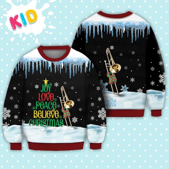 Trombone Joy Love Peace Believe Christmas Sweater Christmas Knitted Sweater Print Fashion Sweatshirt For Everyone 1