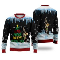 Trombone Joy Love Peace Believe Christmas Sweater Christmas Knitted Sweater Print Fashion Sweatshirt For Everyone