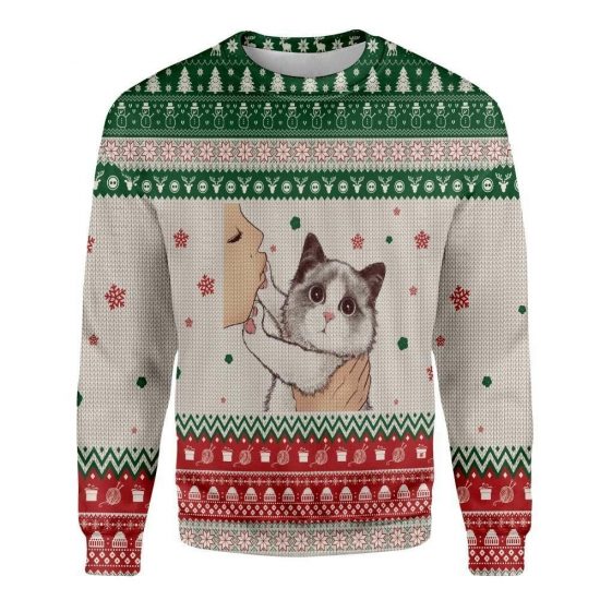 Ugly Christmas No Kiss Cat Meow All Overprint Sweatshirt Unisex 3D Ugly Christmas Sweater All Over Print