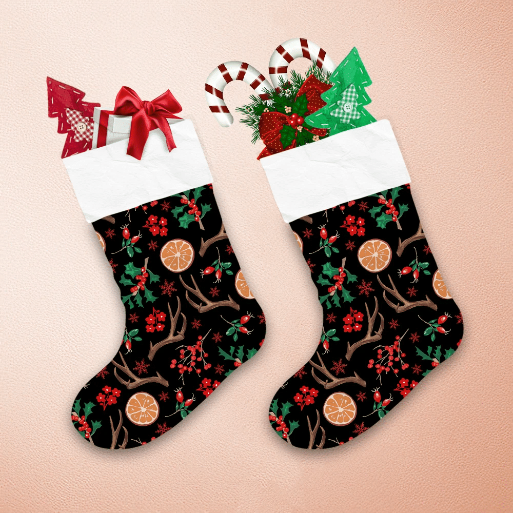 Unique Christmas Pattern With Holly Berries Branches And Ornage Sliced Christmas Stocking 1