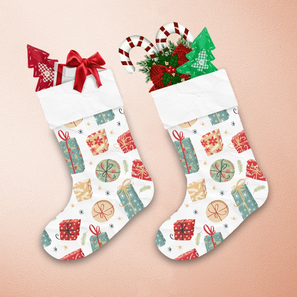 Vintage Candy Canes Fowers Holly Leaves And Snowflakes Pattern On Gift Boxes Christmas Stocking 1