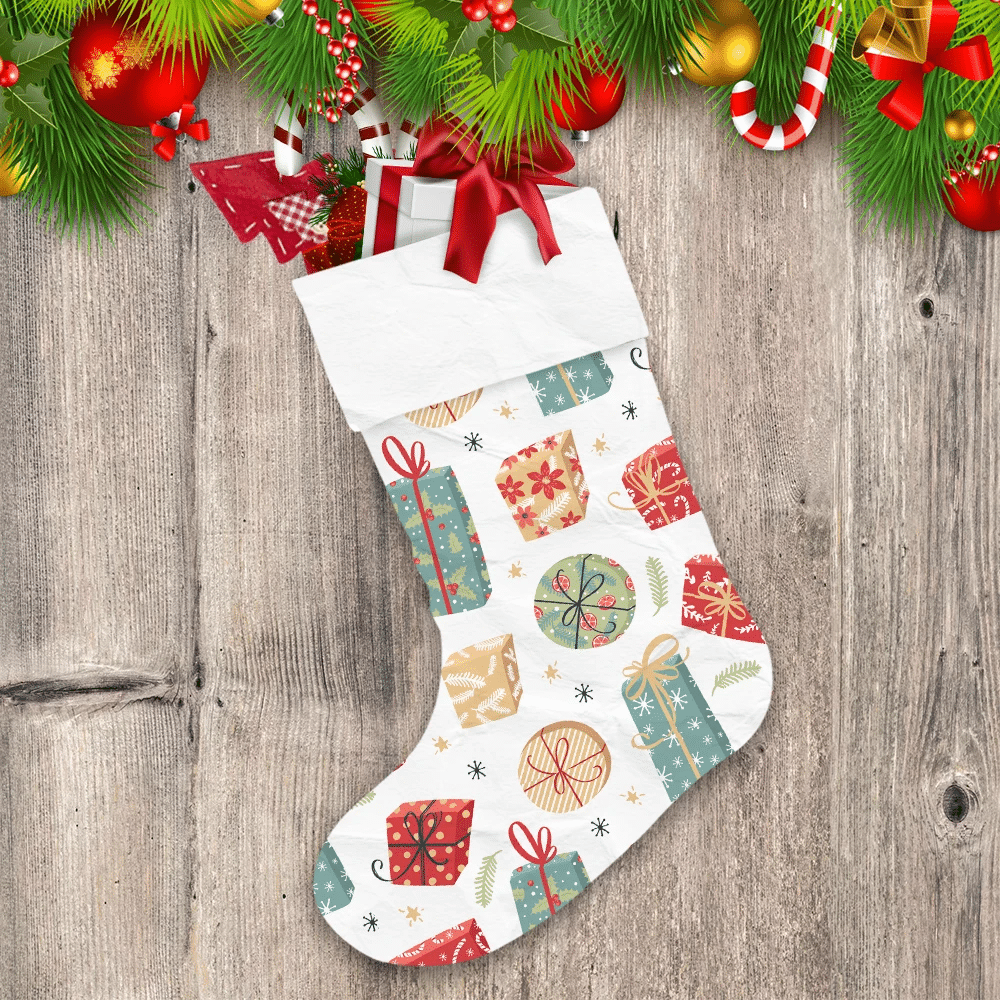 Vintage Candy Canes Fowers Holly Leaves And Snowflakes Pattern On Gift Boxes Christmas Stocking