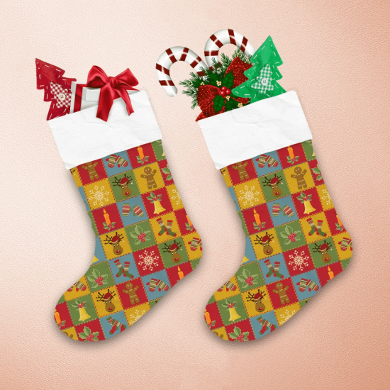 Vintage Colorblocks With Xmas Icons Bells Deers Socks Christmas Stocking 1
