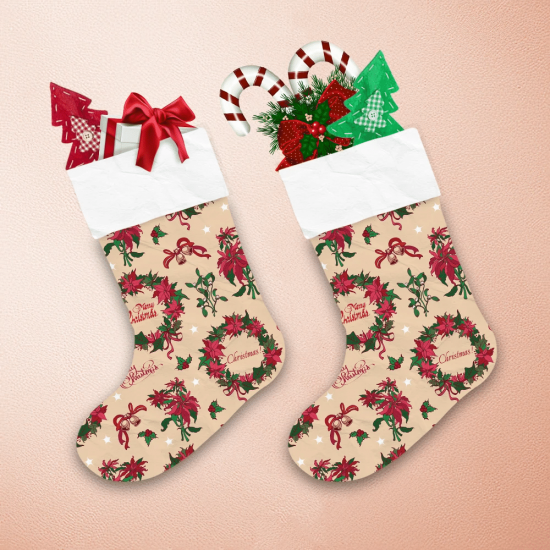 Vintage Design Merry Christmas Poinsettia Flowers And Bells Christmas Stocking 1