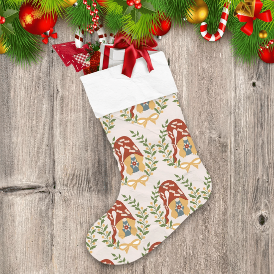 Vivid Floral Wreaths With Gnomes Inspired Illustration Christmas Stocking