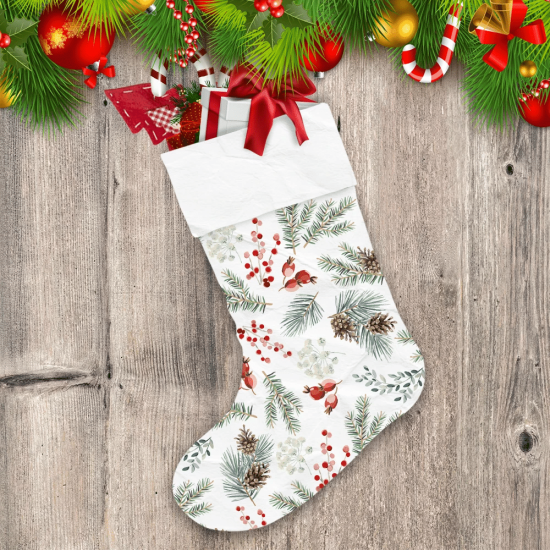 Watercolor Red Berries Green Fir Twigs Cones On White Background Christmas Stocking
