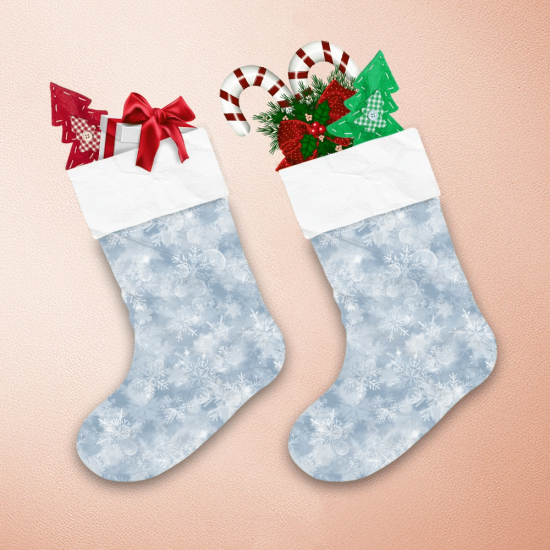 White Blurred Snowflakes Glare And Sparkles On Light Blue Background Christmas Stocking 1
