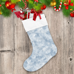 White Blurred Snowflakes Glare And Sparkles On Light Blue Background Christmas Stocking