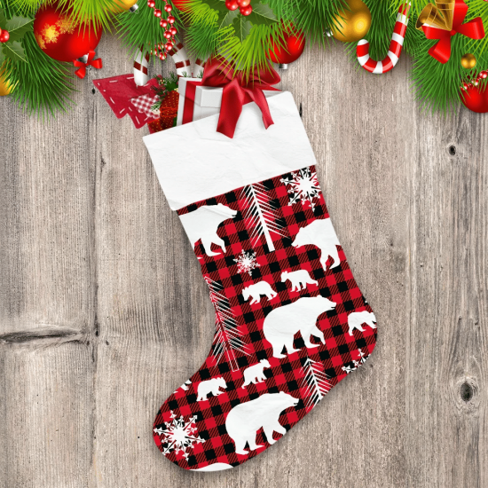 White Fir Trees Snowflakes Bears On Checkered Christmas Stocking