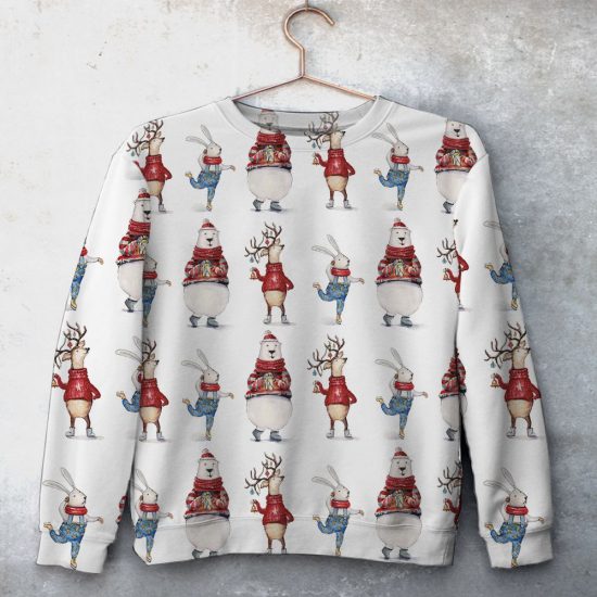 Winter Animals Christmas Pattern Unisex All Over Print Cotton Sweatshirt