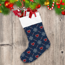 Winter Holiday Knitted Pattern With Heart And Snowflakes Christmas Stocking