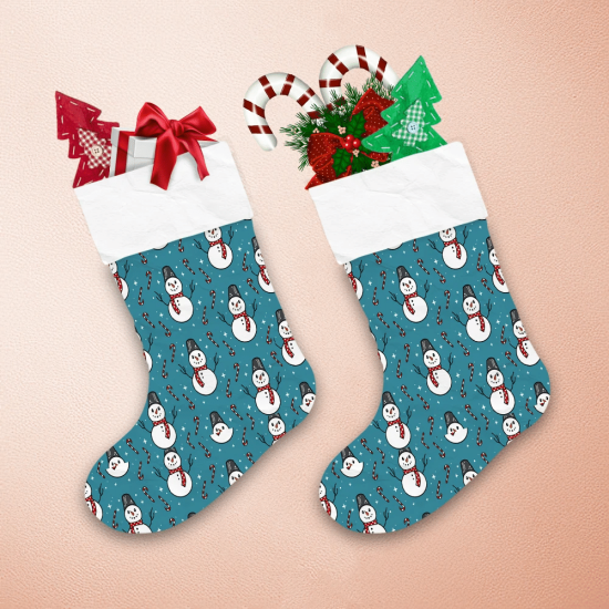 Xmas Cute Snowman And Candy On Soft Blue Background Christmas Stocking 1
