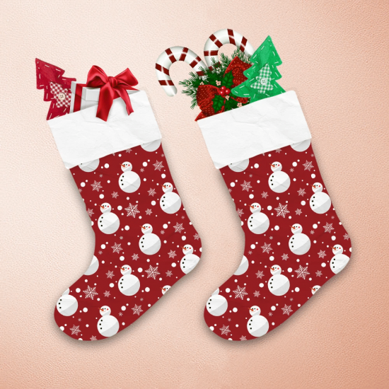 Xmas Cute Snowman And Snowflake On Red Background Christmas Stocking 1