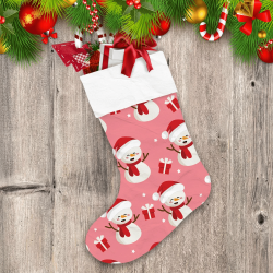 Xmas Smiling Snowman In Red Hat And Scarf With Gift Christmas Stocking