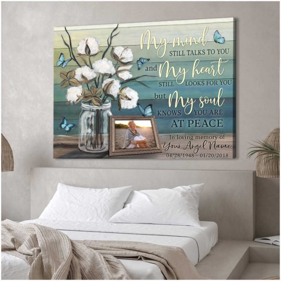 Custom Canvas Prints Personalized Gifts Memorial Photo Gifts Cotton Flower And Butterflies My Soul Knows You Are At Peace Wall Art Decor