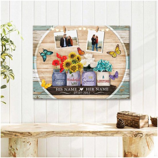 Custom Canvas Prints Wedding Anniversary Gifts Personalized Photo Gifts Rustic Wood Floral Mason Jars Loving You Is A Wonderful Way 2