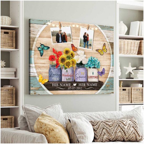 Custom Canvas Prints Wedding Anniversary Gifts Personalized Photo Gifts Rustic Wood Floral Mason Jars Loving You Is A Wonderful Way 3