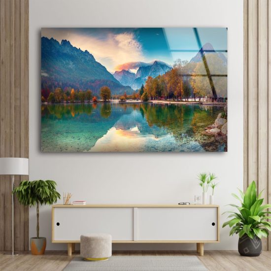 Abstract Art And Cool Wall Hanging Abstract Mountain Lake View Wall Art Glass Print 2 1